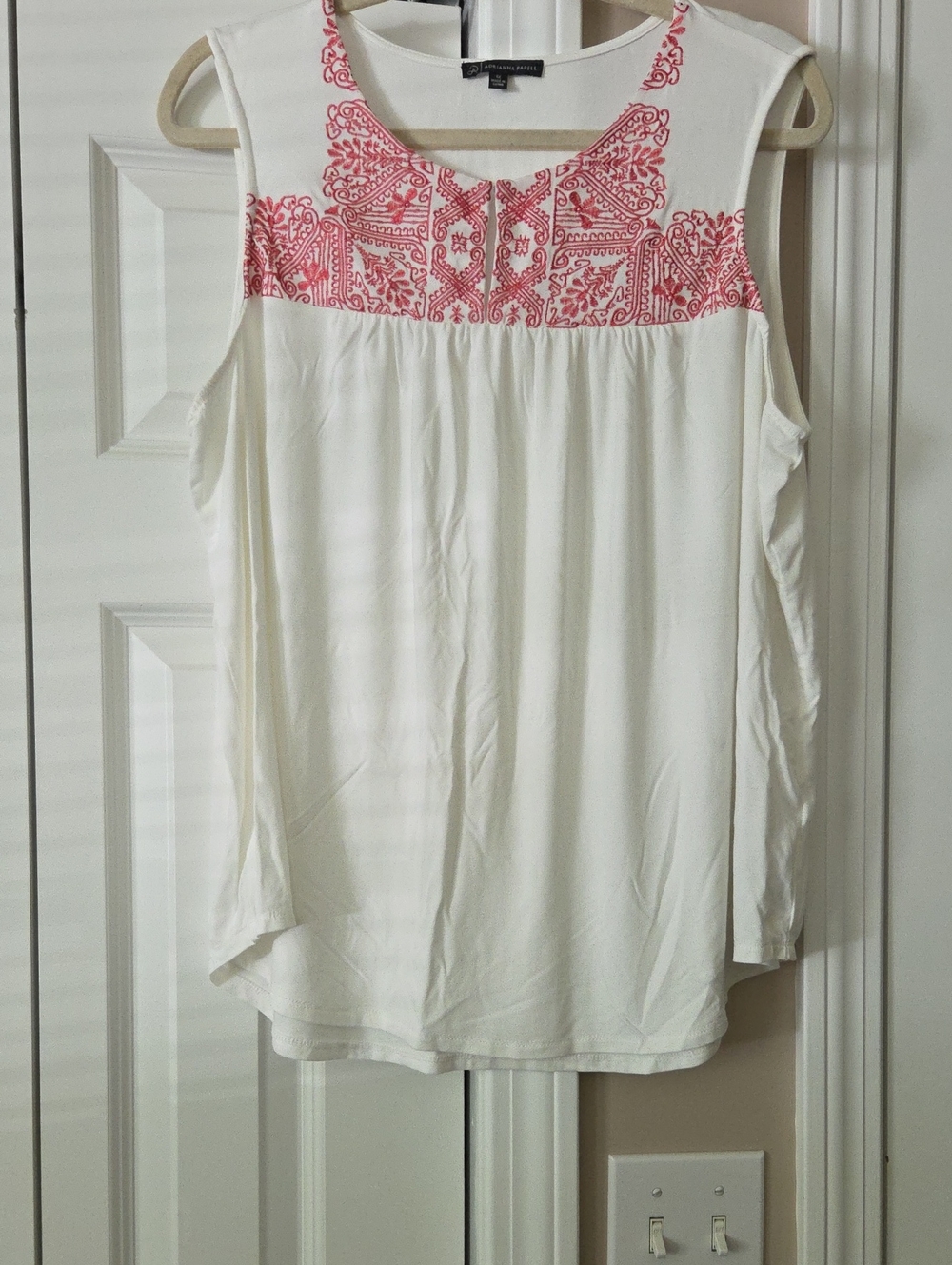 Adrianna Papell Cream Tank Top with Red Embroidered Yoke